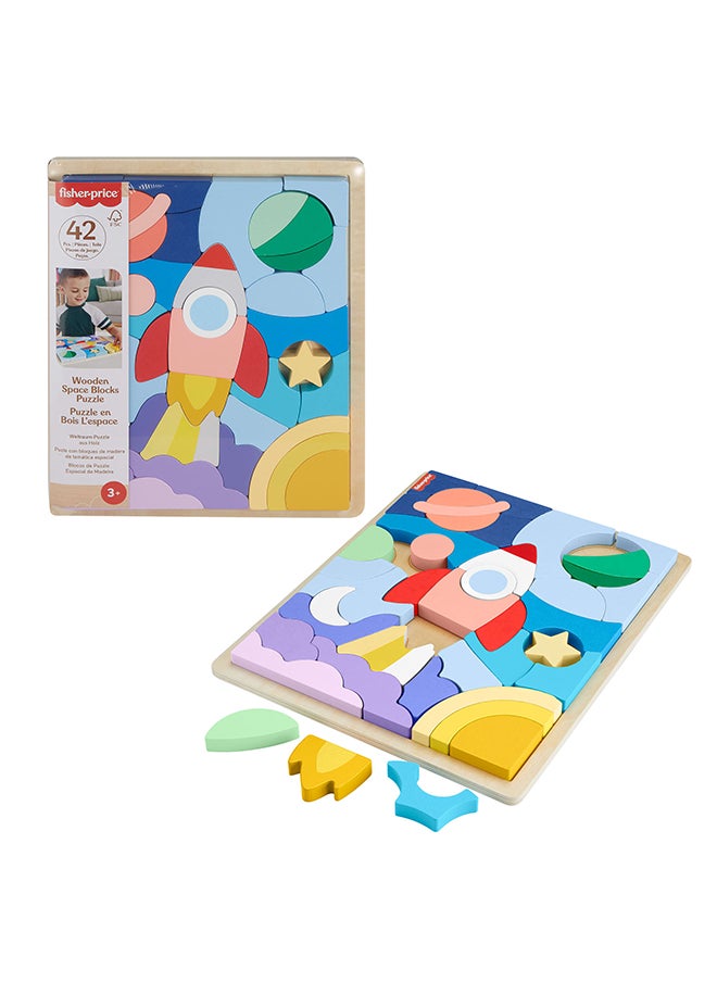 Wood Preschool Toy Space Blocks Jigsaw Puzzle, 42 Wooden Pieces For Stacking & Sorting Play Kids Ages 3+ Years