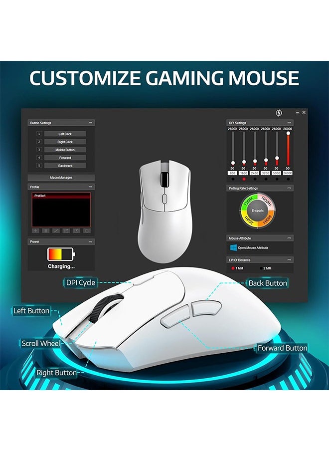 R1 Wireless Gaming Mouse,PixArt PAW3311 Optical Sensor 18K DPI,59g Lightweight 2.4Ghz/BT5.2/Wired Computer Mice with Programmable Buttons for PC/Laptop/Win/Mac-White& Grip Tape
