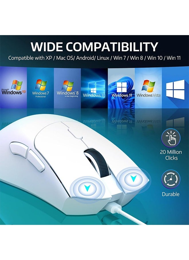 R1 Wireless Gaming Mouse,PixArt PAW3311 Optical Sensor 18K DPI,59g Lightweight 2.4Ghz/BT5.2/Wired Computer Mice with Programmable Buttons for PC/Laptop/Win/Mac-White& Grip Tape