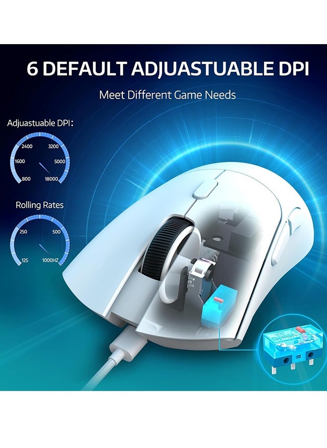 R1 Wireless Gaming Mouse,PixArt PAW3311 Optical Sensor 18K DPI,59g Lightweight 2.4Ghz/BT5.2/Wired Computer Mice with Programmable Buttons for PC/Laptop/Win/Mac-White& Grip Tape