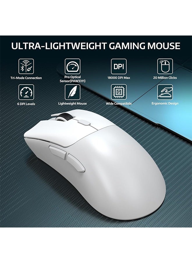R1 Wireless Gaming Mouse,PixArt PAW3311 Optical Sensor 18K DPI,59g Lightweight 2.4Ghz/BT5.2/Wired Computer Mice with Programmable Buttons for PC/Laptop/Win/Mac-White& Grip Tape