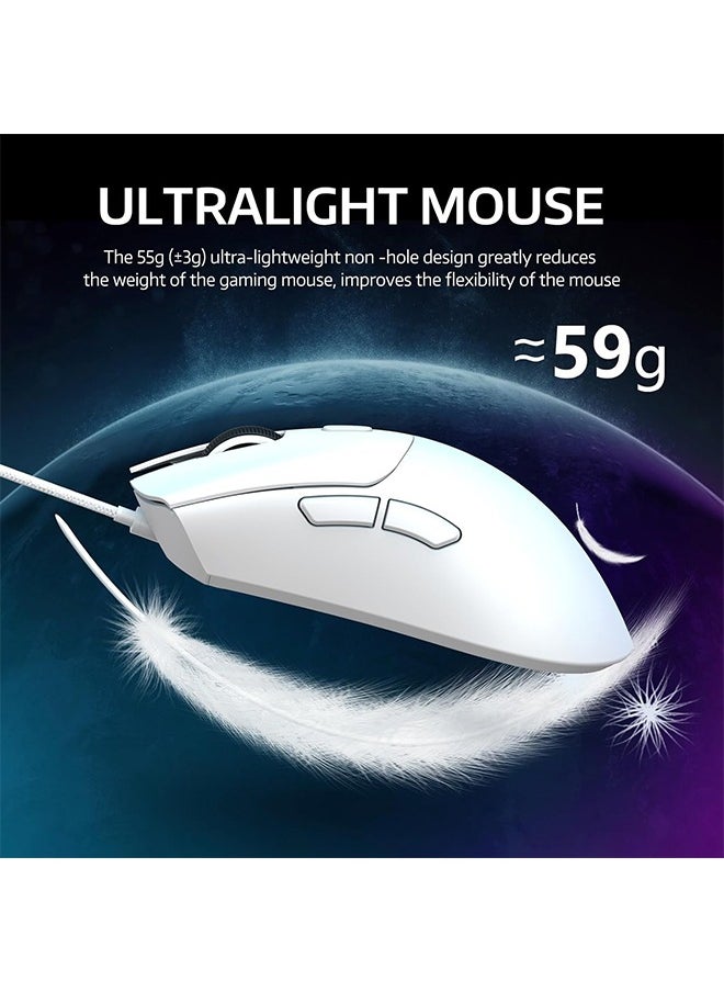 R1 Wireless Gaming Mouse,PixArt PAW3311 Optical Sensor 18K DPI,59g Lightweight 2.4Ghz/BT5.2/Wired Computer Mice with Programmable Buttons for PC/Laptop/Win/Mac-White& Grip Tape