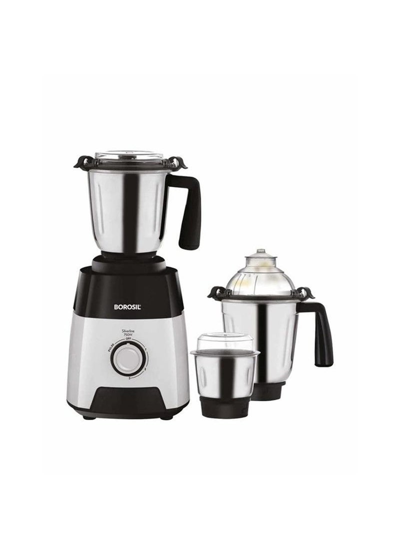 Borosil Silverline Mixer Grinder, for Wet/Dry Mixing & Grinding, 750 Watts, 3 Stainless Steel Jars (400 ml Chutney Jar, 1.5 L Blending Jar, 1.2 L Dry/Wet Grinding Jar), Mixie for Kitchen