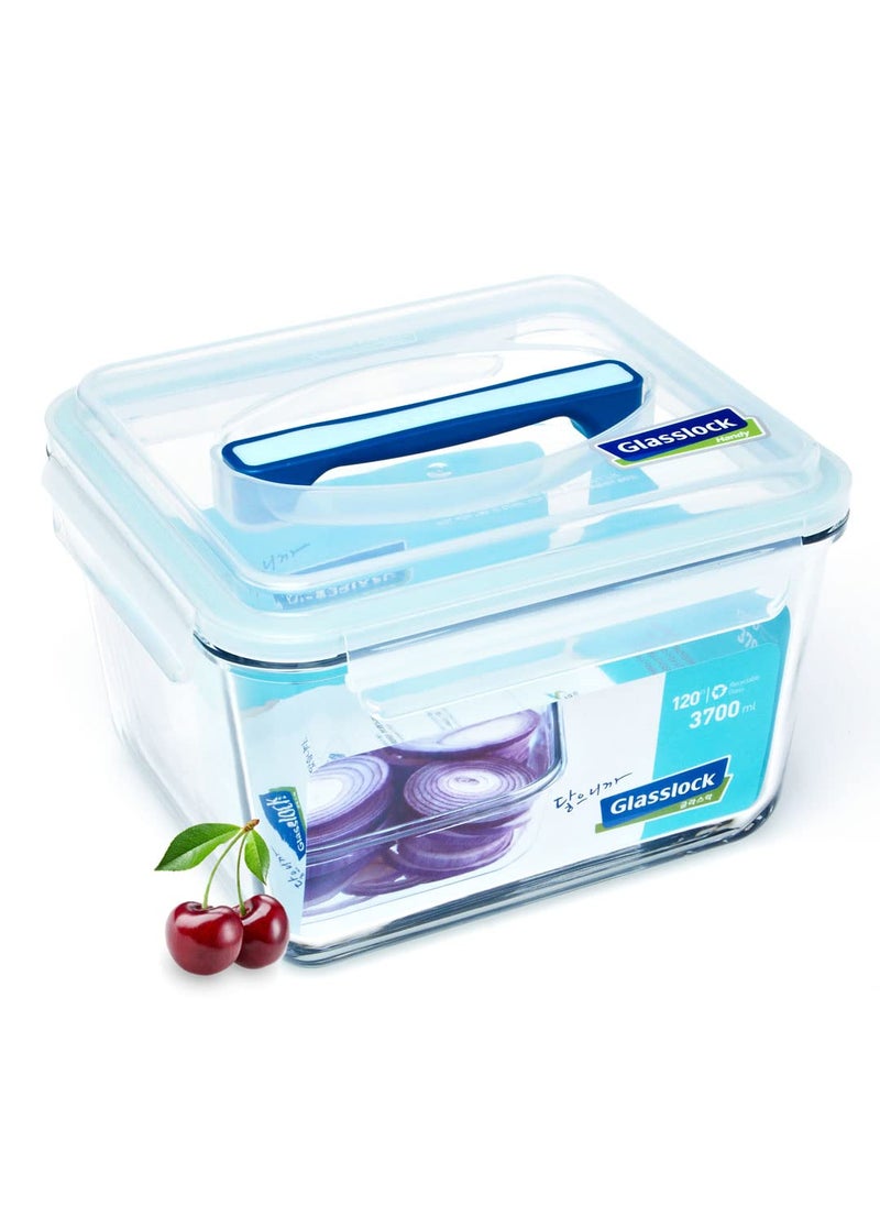 GLASSLOCK Korea Tempered Glass Container, 3700 ml, Square - Travel Food Storage Box with Handle Lid, Airtight - Handy Travelling Jar, Microwave Safe
