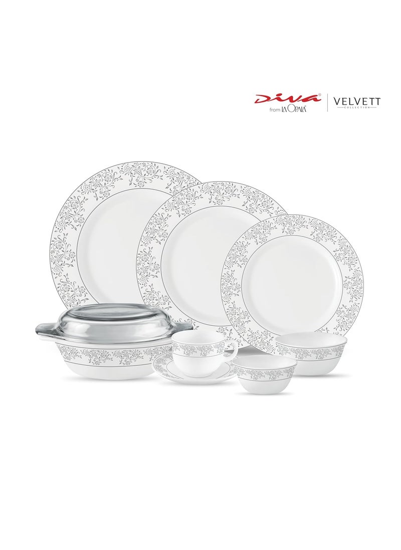 La Opala Diva Velvett Collection Opal Glass Crockery | for Family of 8 | Dinner Set 62 pcs Aria Grey | Plates & Bowls for Dining | Microwave Safe | 100% Vegetarian | Extra Strong | Light & White