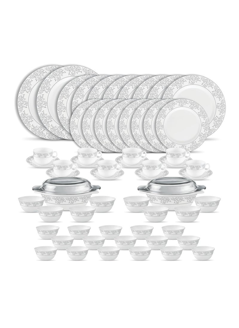 La Opala Diva Velvett Collection Opal Glass Crockery | for Family of 8 | Dinner Set 62 pcs Aria Grey | Plates & Bowls for Dining | Microwave Safe | 100% Vegetarian | Extra Strong | Light & White