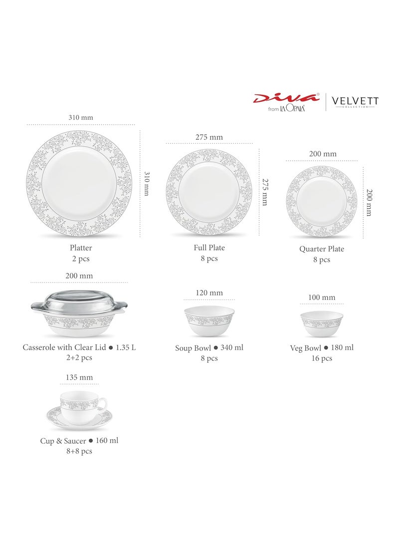La Opala Diva Velvett Collection Opal Glass Crockery | for Family of 8 | Dinner Set 62 pcs Aria Grey | Plates & Bowls for Dining | Microwave Safe | 100% Vegetarian | Extra Strong | Light & White