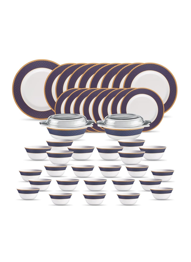 La Opala Diva Sovrana Collection Opal Glass Crockery | for Family of 8 | Dinner Set 45 pcs Regent Blue | Plates & Bowls for Dining | Microwave Safe | 100% Vegetarian | Extra Strong | Light & White
