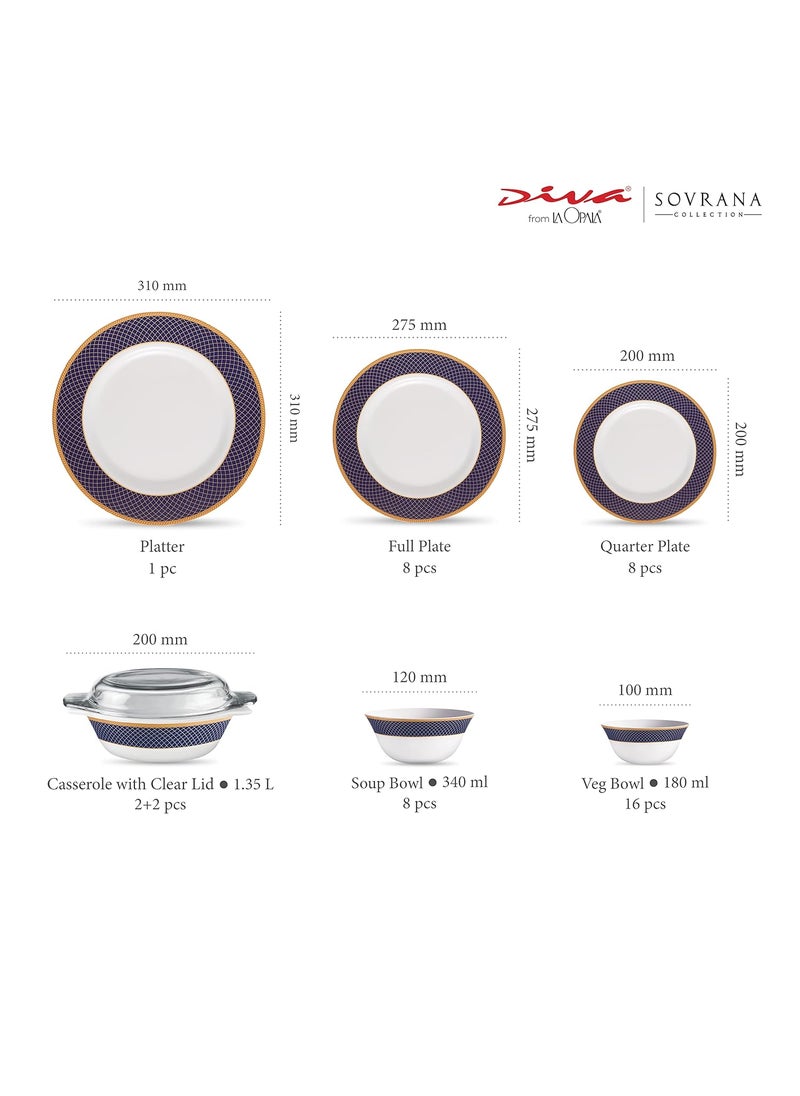 La Opala Diva Sovrana Collection Opal Glass Crockery | for Family of 8 | Dinner Set 45 pcs Regent Blue | Plates & Bowls for Dining | Microwave Safe | 100% Vegetarian | Extra Strong | Light & White