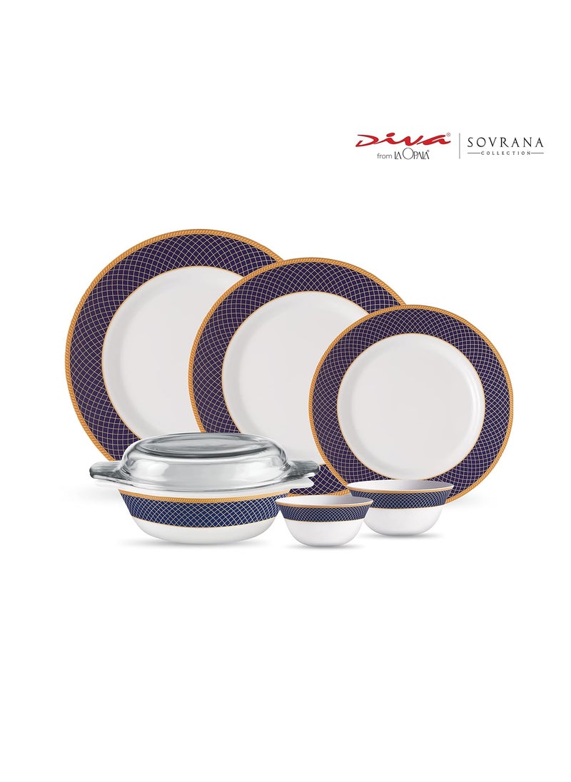 La Opala Diva Sovrana Collection Opal Glass Crockery | for Family of 8 | Dinner Set 45 pcs Regent Blue | Plates & Bowls for Dining | Microwave Safe | 100% Vegetarian | Extra Strong | Light & White
