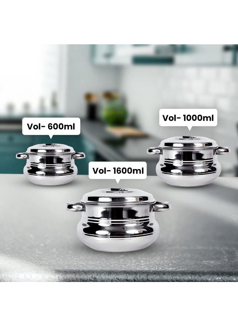 Kuber Industries Stainless Steel Handi Casserole with Lid | Combo of 3| Cook and Serve | Biryani Handi Saucepan Silver | Patila/Tope for Kitchen | 600 ml 1 litre 1.6 litre Capacity |