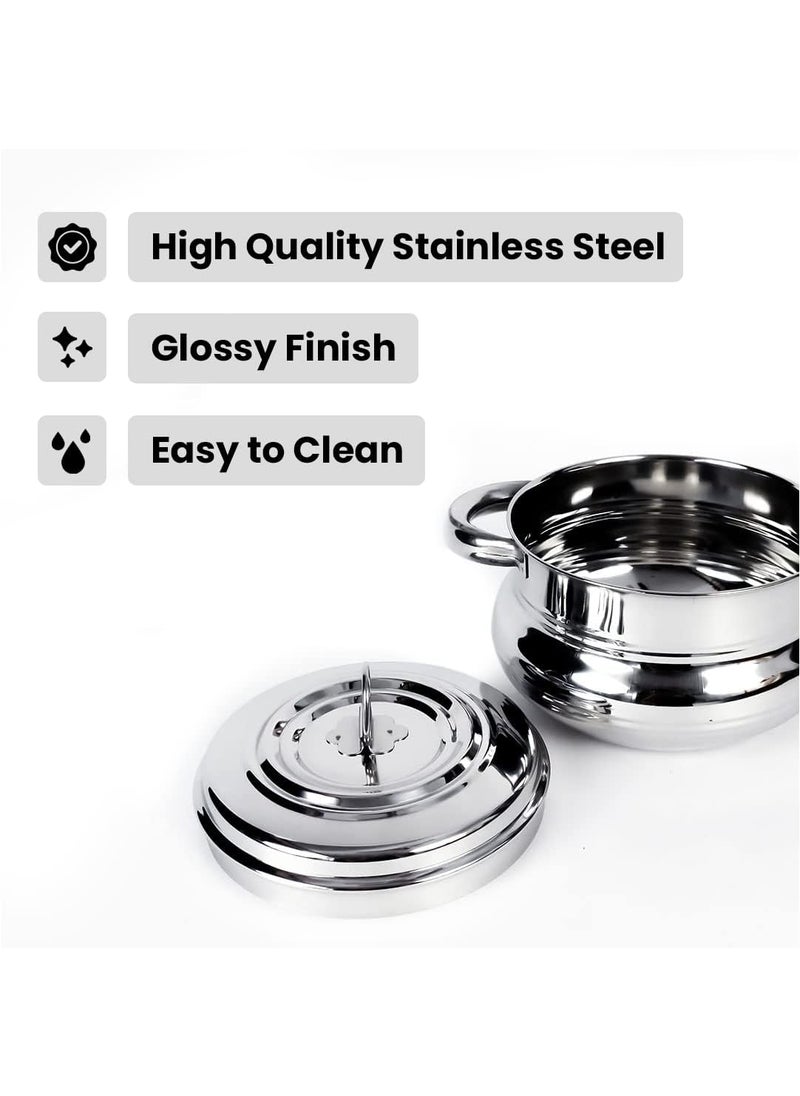 Kuber Industries Stainless Steel Handi Casserole with Lid | Combo of 3| Cook and Serve | Biryani Handi Saucepan Silver | Patila/Tope for Kitchen | 600 ml 1 litre 1.6 litre Capacity |
