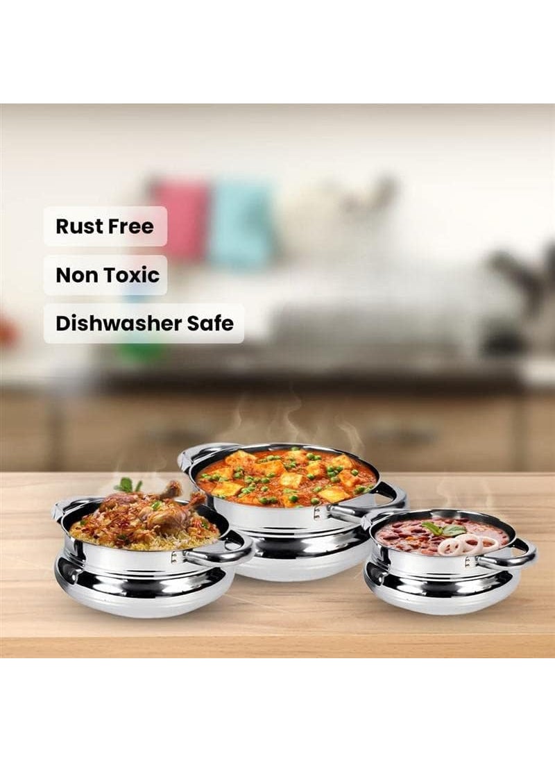 Kuber Industries Stainless Steel Handi Casserole with Lid | Combo of 3| Cook and Serve | Biryani Handi Saucepan Silver | Patila/Tope for Kitchen | 600 ml 1 litre 1.6 litre Capacity |