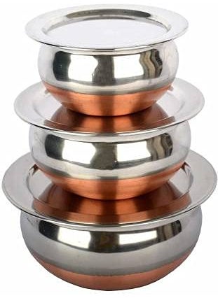 Super HK Stainless Steel Copper Bottom Handi/Pot Biryani Punjabi Handi with Lid Pack of 3 (0.5 L,0.8L&1.2L)
