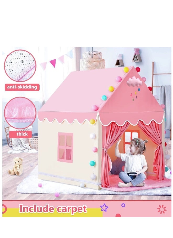 Kids Playhouse with LED Lights and Coral Fleece Mat, Children's Play Tent Activity Center, Cute Princess Castle Game House for Girls, Suitable for bedrooms, living room, backyards, parks (Pink Color, Size 51