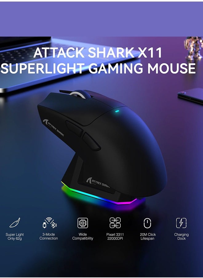 X11 Lightweight Wireless Gaming Mouse with RGB Charging Dock,Tri-Mode-2.4G/USB-C Wired/BT,22K DPI,PAW3311 Optical Sensor,HUYU Switch,7 programmable Buttons for PC/Mac(Black)