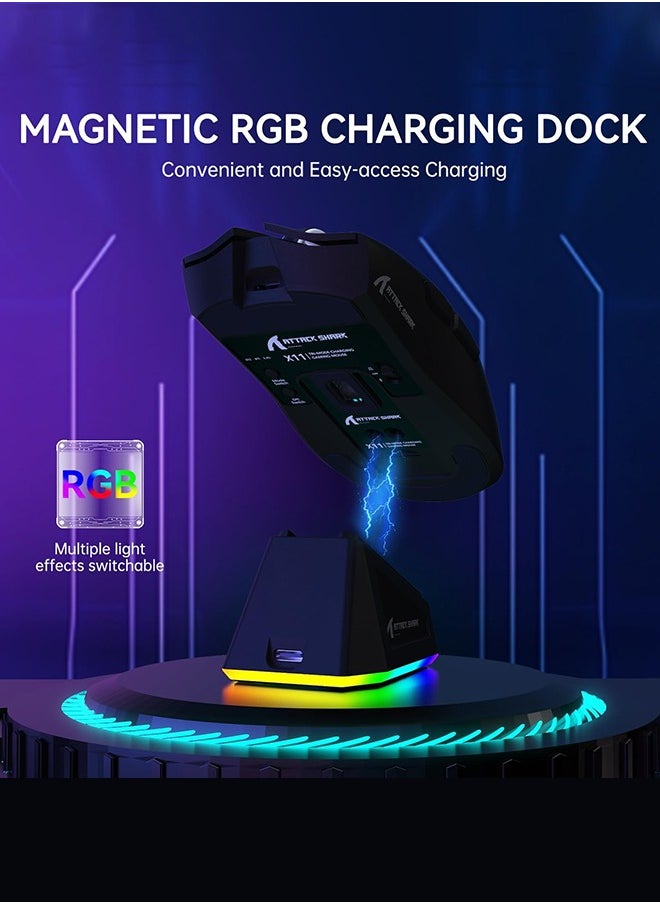 X11 Lightweight Wireless Gaming Mouse with RGB Charging Dock,Tri-Mode-2.4G/USB-C Wired/BT,22K DPI,PAW3311 Optical Sensor,HUYU Switch,7 programmable Buttons for PC/Mac(Black)