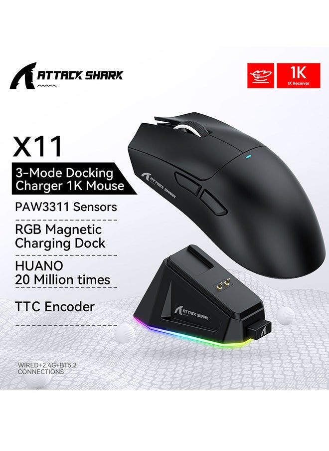 X11 Lightweight Wireless Gaming Mouse with RGB Charging Dock,Tri-Mode-2.4G/USB-C Wired/BT,22K DPI,PAW3311 Optical Sensor,HUYU Switch,7 programmable Buttons for PC/Mac(Black)