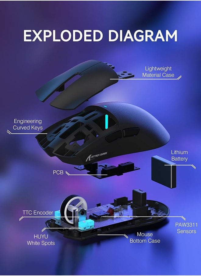 X11 Lightweight Wireless Gaming Mouse with RGB Charging Dock,Tri-Mode-2.4G/USB-C Wired/BT,22K DPI,PAW3311 Optical Sensor,HUYU Switch,7 programmable Buttons for PC/Mac(Black)