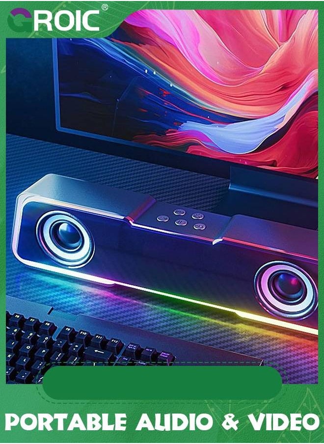 Black Portable Bluetooth Speakers,5.3 Colorful Lights Sound Wireless Bluetooth High Power Strip Long Dual Speaker with Subwoofer for Outdoor Home Video Desktop Speaker Bar TV Karaoke Party Sound