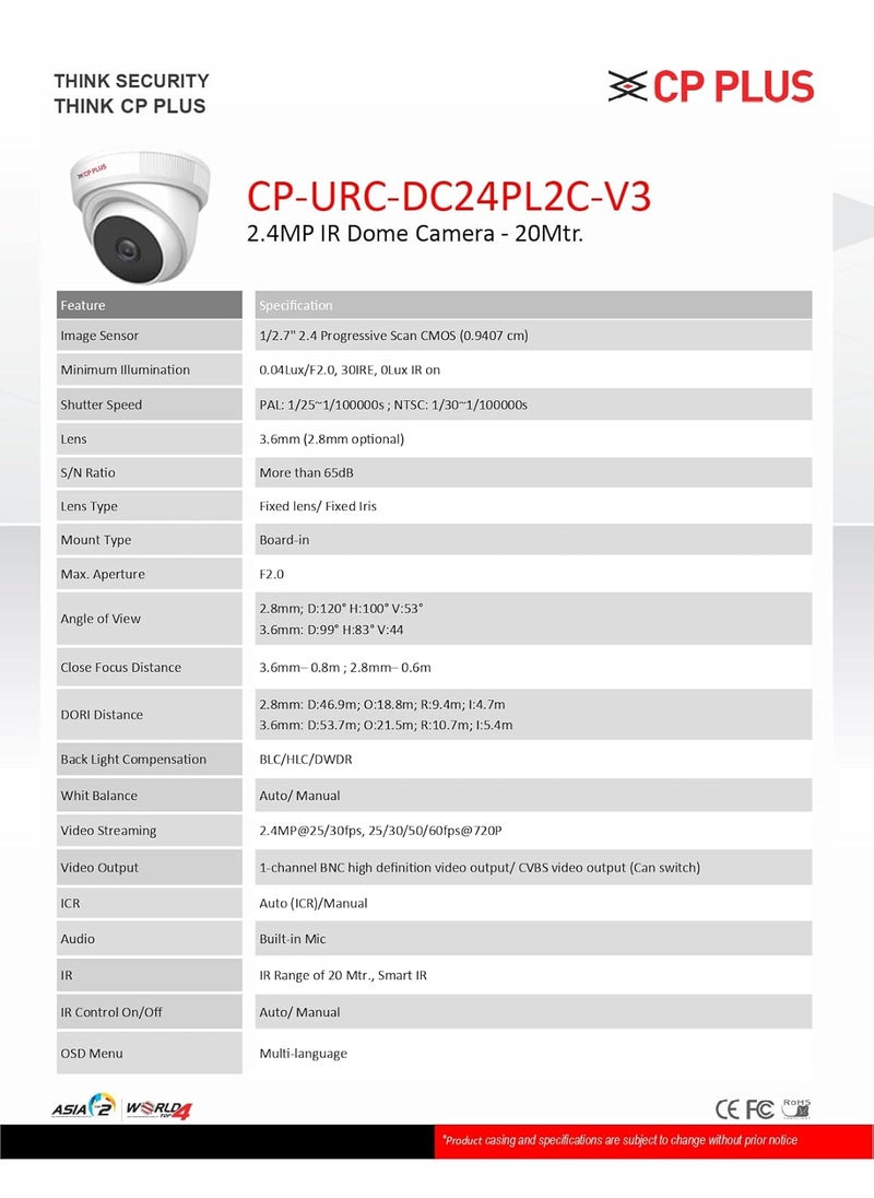 CP PLUS 2.4mp IR Indoor Dome Camera with Support Built in Mic,1080p Full HD Recording CP-URC-DC24PL2C-V3