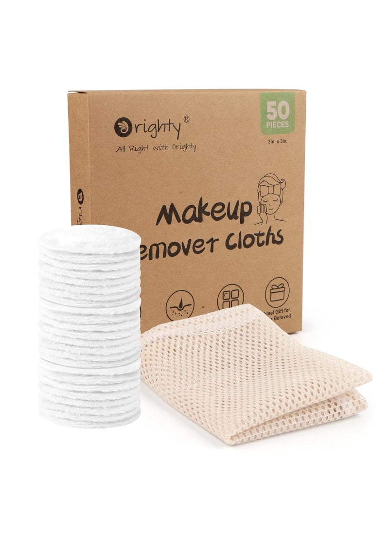Orighty Reusable Microfiber Makeup Remover Pads 50 Count EcoFriendly Facial Cleansing Cloths Round Shape Super Soft Ideal Gift with Laundry Bag White