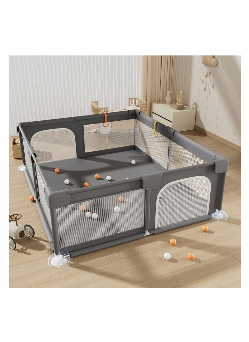 ECVV® Baby Playpen - 200 * 200 * 60cm - Portable Indoor/Outdoor Safety Play Yard with Breathable Mesh & Zipper Door - Grey