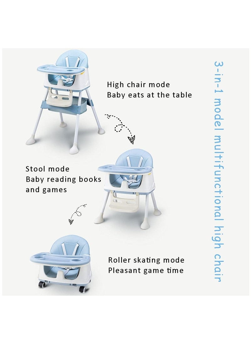 Baby High Chair 3 In 1 Folding Recline Feeding Seat Height Adjustable Child Feeding Chair with Removable Plate