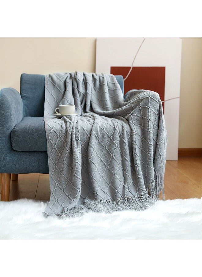 Tassel Design Soft Blanket Keep Warm Cotton Light Grey 127 x 172cm