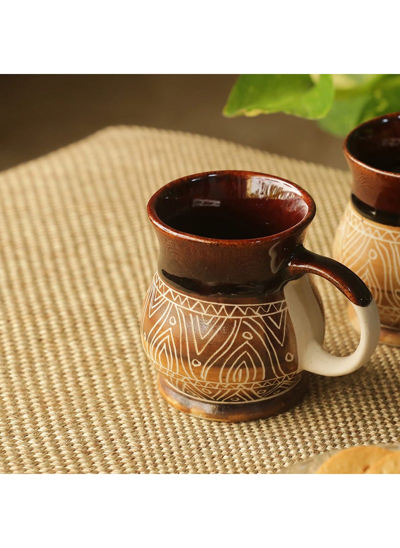 ExclusiveLane 'Cocoa & Fire Carvings' Ceramic Studio Pottery Coffee Mug Tea Cup (1 Piece, 300 ML, Microwave Safe, Dishwasher Safe)