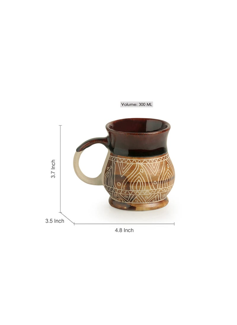 ExclusiveLane 'Cocoa & Fire Carvings' Ceramic Studio Pottery Coffee Mug Tea Cup (1 Piece, 300 ML, Microwave Safe, Dishwasher Safe)