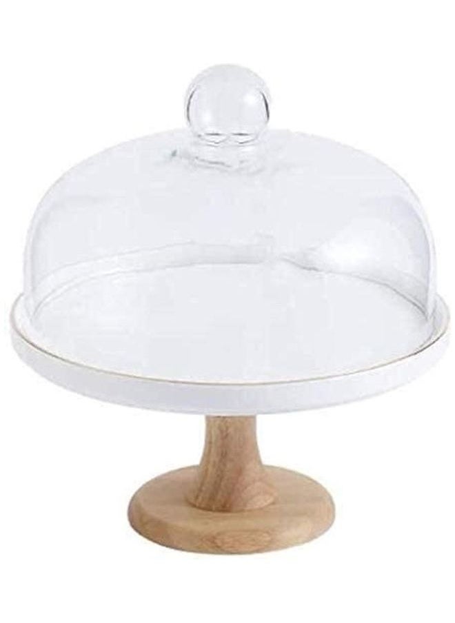 Round Shape Cake Stand with Glass Lid and Wooden Base Clear/White/Brown 19.5 x 25 x 10cm