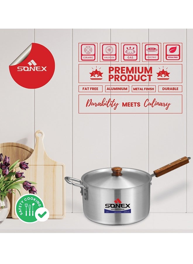 SONEX  Aluminum Saucepan Set – 3-Piece Cookware with Wooden Handle & Metal Finish, Dual Handles, Durable & Heat-Resistant, Dishwasher Safe, Ideal for Soups, Stews & Boiling – Large Sizes: 4L, 6L, 8L
