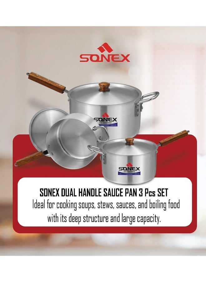 SONEX  Aluminum Saucepan Set – 3-Piece Cookware with Wooden Handle & Metal Finish, Dual Handles, Durable & Heat-Resistant, Dishwasher Safe, Ideal for Soups, Stews & Boiling – Large Sizes: 4L, 6L, 8L