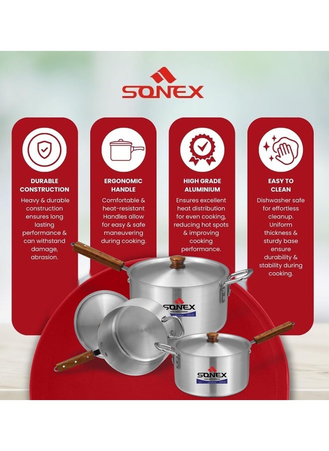 SONEX  Aluminum Saucepan Set – 3-Piece Cookware with Wooden Handle & Metal Finish, Dual Handles, Durable & Heat-Resistant, Dishwasher Safe, Ideal for Soups, Stews & Boiling – Large Sizes: 4L, 6L, 8L