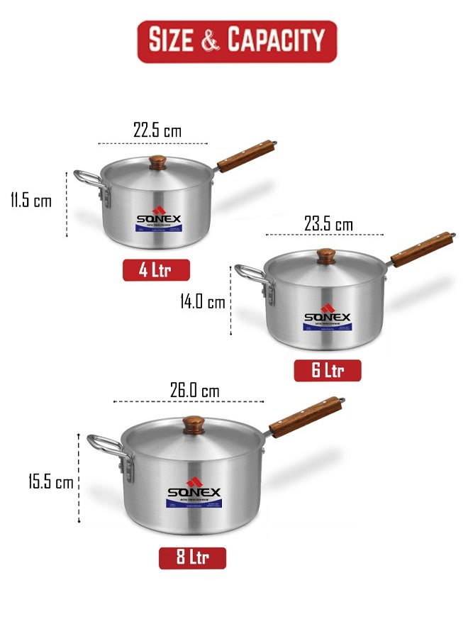 SONEX  Aluminum Saucepan Set – 3-Piece Cookware with Wooden Handle & Metal Finish, Dual Handles, Durable & Heat-Resistant, Dishwasher Safe, Ideal for Soups, Stews & Boiling – Large Sizes: 4L, 6L, 8L