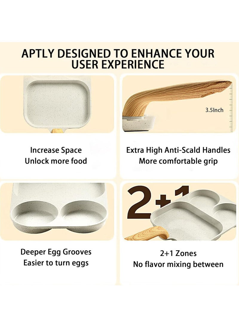 Nonstick Egg Frying Pan, 3-in-1 Nonstick Pan Divided Grill Frying Pan, Heat Resistant Handle 3 Section Skillet Mini Pancake Pan, Cooking Pan for Breakfast, Egg, Burgers (White)