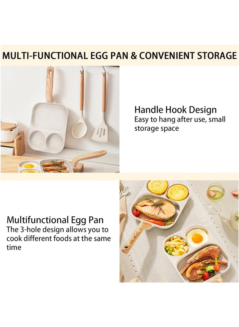 Nonstick Egg Frying Pan, 3-in-1 Nonstick Pan Divided Grill Frying Pan, Heat Resistant Handle 3 Section Skillet Mini Pancake Pan, Cooking Pan for Breakfast, Egg, Burgers (White)