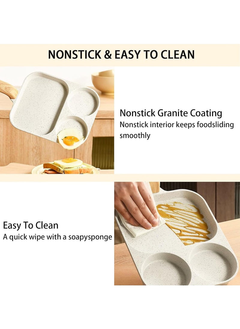 Nonstick Egg Frying Pan, 3-in-1 Nonstick Pan Divided Grill Frying Pan, Heat Resistant Handle 3 Section Skillet Mini Pancake Pan, Cooking Pan for Breakfast, Egg, Burgers (White)