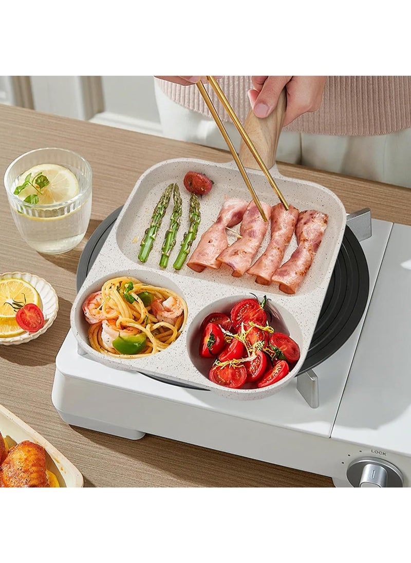 Nonstick Egg Frying Pan, 3-in-1 Nonstick Pan Divided Grill Frying Pan, Heat Resistant Handle 3 Section Skillet Mini Pancake Pan, Cooking Pan for Breakfast, Egg, Burgers (White)