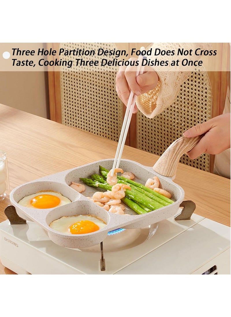 Nonstick Egg Frying Pan, 3-in-1 Nonstick Pan Divided Grill Frying Pan, Heat Resistant Handle 3 Section Skillet Mini Pancake Pan, Cooking Pan for Breakfast, Egg, Burgers (White)