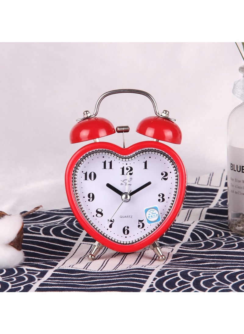 3 Inches Cute Twin Bell Loud Alarm Clock Silent Analog Quartz Nightlight Tableclock Battery Operated for Kids, Seniors, Heavy Sleepers, Decorations for Bedroom, Living Room (Red)