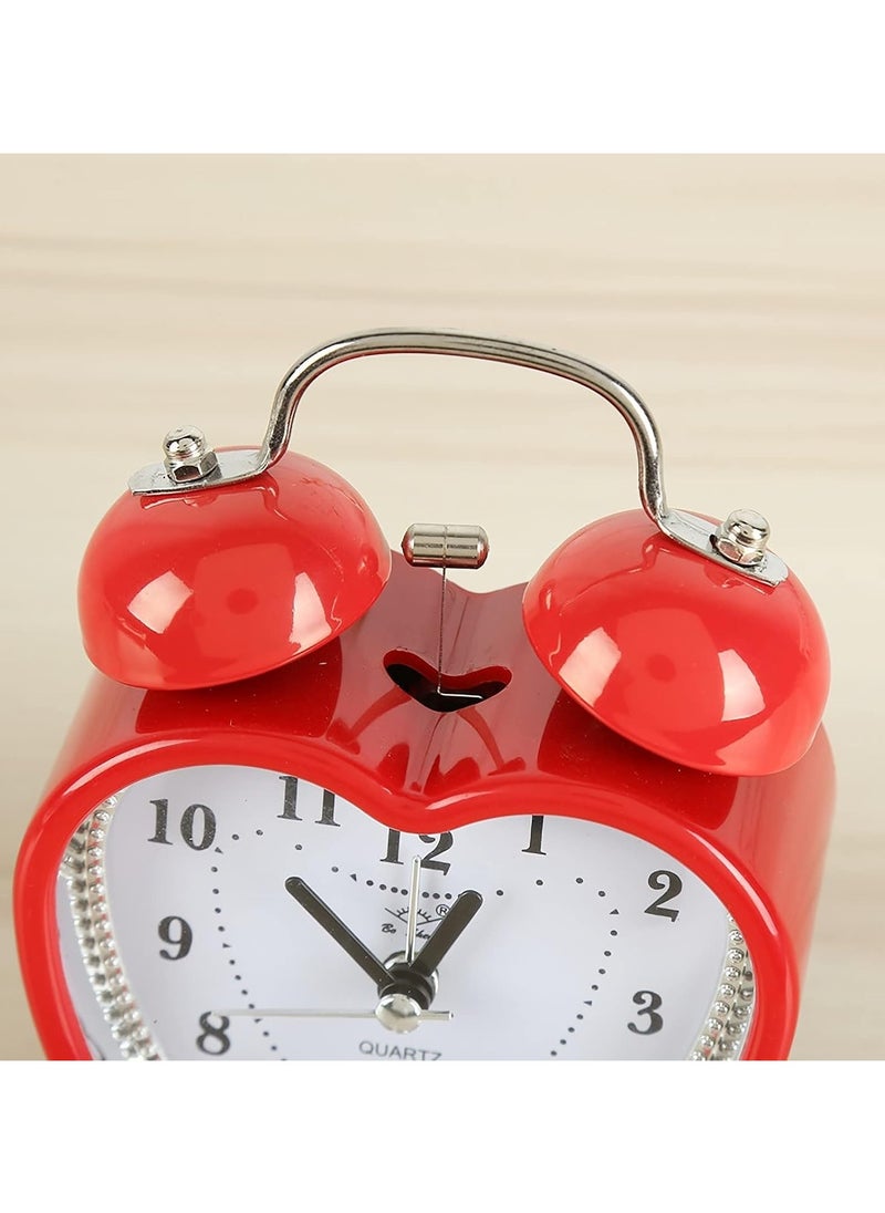 3 Inches Cute Twin Bell Loud Alarm Clock Silent Analog Quartz Nightlight Tableclock Battery Operated for Kids, Seniors, Heavy Sleepers, Decorations for Bedroom, Living Room (Red)