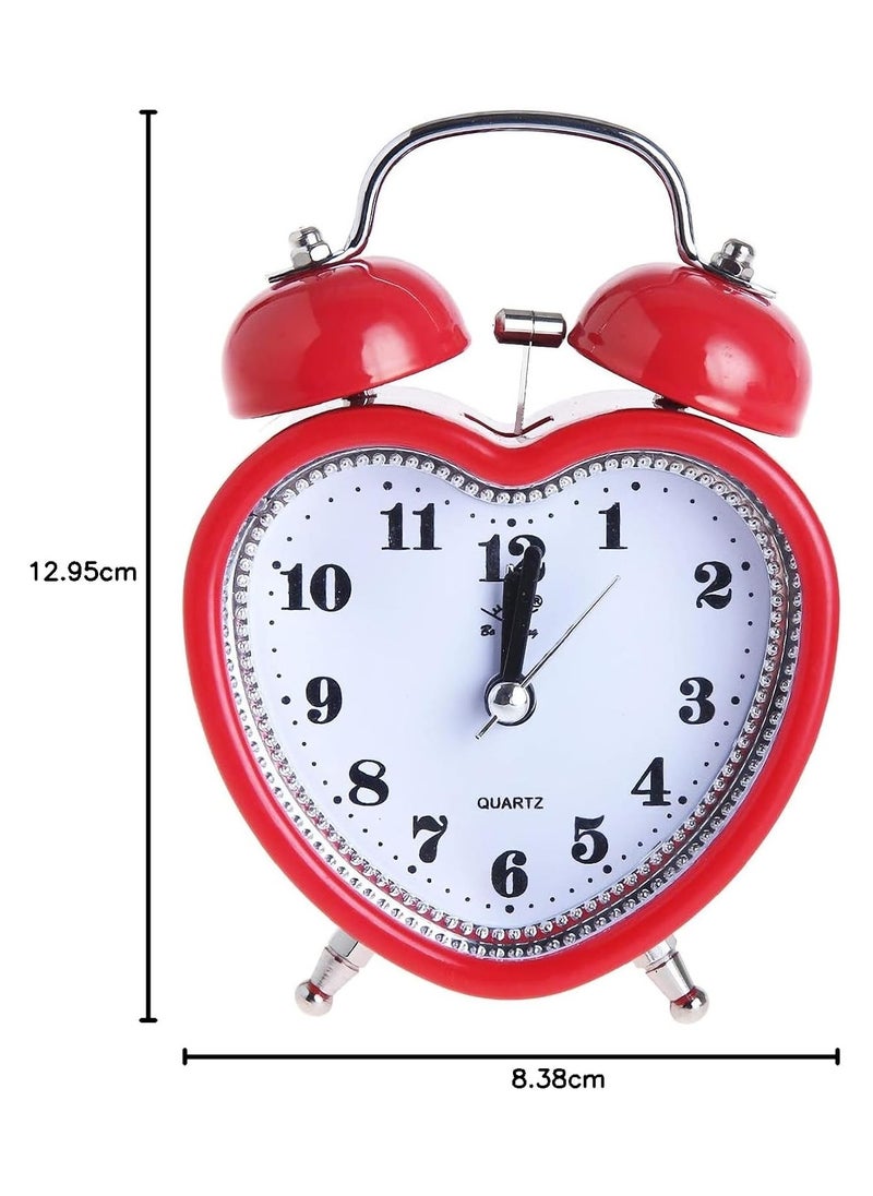3 Inches Cute Twin Bell Loud Alarm Clock Silent Analog Quartz Nightlight Tableclock Battery Operated for Kids, Seniors, Heavy Sleepers, Decorations for Bedroom, Living Room (Red)