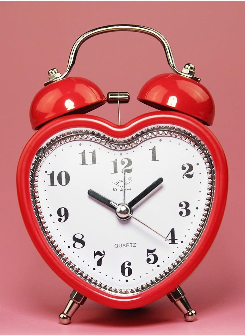 3 Inches Cute Twin Bell Loud Alarm Clock Silent Analog Quartz Nightlight Tableclock Battery Operated for Kids, Seniors, Heavy Sleepers, Decorations for Bedroom, Living Room (Red)