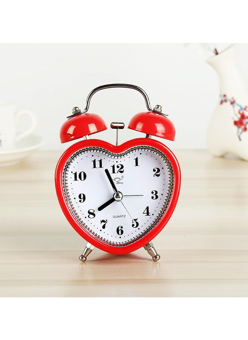 3 Inches Cute Twin Bell Loud Alarm Clock Silent Analog Quartz Nightlight Tableclock Battery Operated for Kids, Seniors, Heavy Sleepers, Decorations for Bedroom, Living Room (Red)