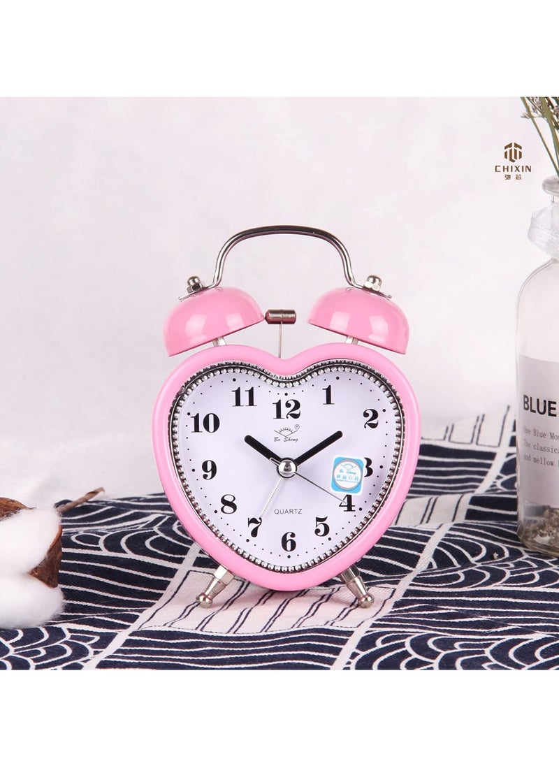 3 Inches Cute Twin Bell Loud Alarm Clock Silent Analog Quartz Nightlight Tableclock Battery Operated for Kids, Seniors, Heavy Sleepers, Decorations for Bedroom, Living Room (Pink)
