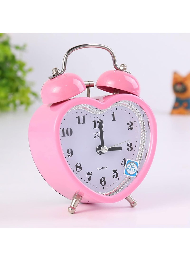 3 Inches Cute Twin Bell Loud Alarm Clock Silent Analog Quartz Nightlight Tableclock Battery Operated for Kids, Seniors, Heavy Sleepers, Decorations for Bedroom, Living Room (Pink)