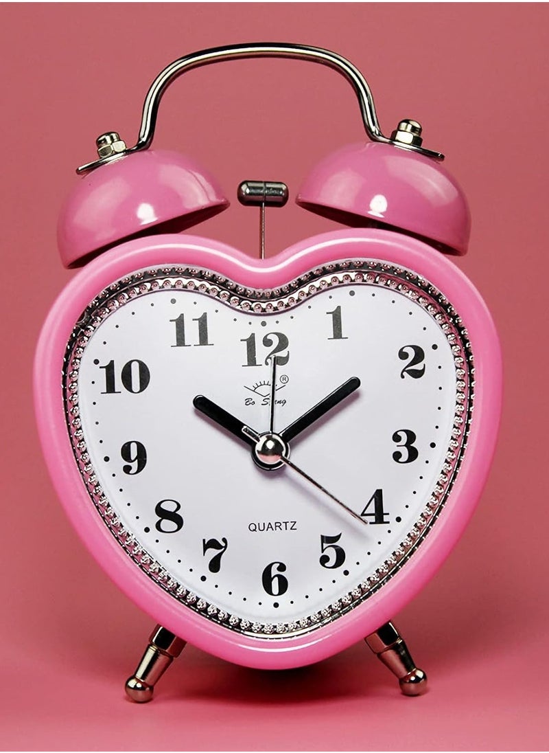 3 Inches Cute Twin Bell Loud Alarm Clock Silent Analog Quartz Nightlight Tableclock Battery Operated for Kids, Seniors, Heavy Sleepers, Decorations for Bedroom, Living Room (Pink)