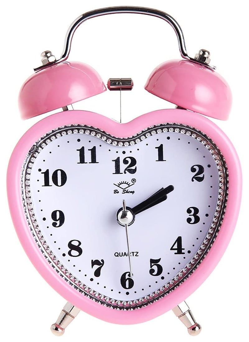 3 Inches Cute Twin Bell Loud Alarm Clock Silent Analog Quartz Nightlight Tableclock Battery Operated for Kids, Seniors, Heavy Sleepers, Decorations for Bedroom, Living Room (Pink)